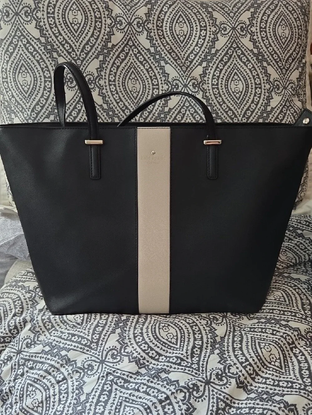 kate spade Black and Cream Center-Stripe Leather Tote